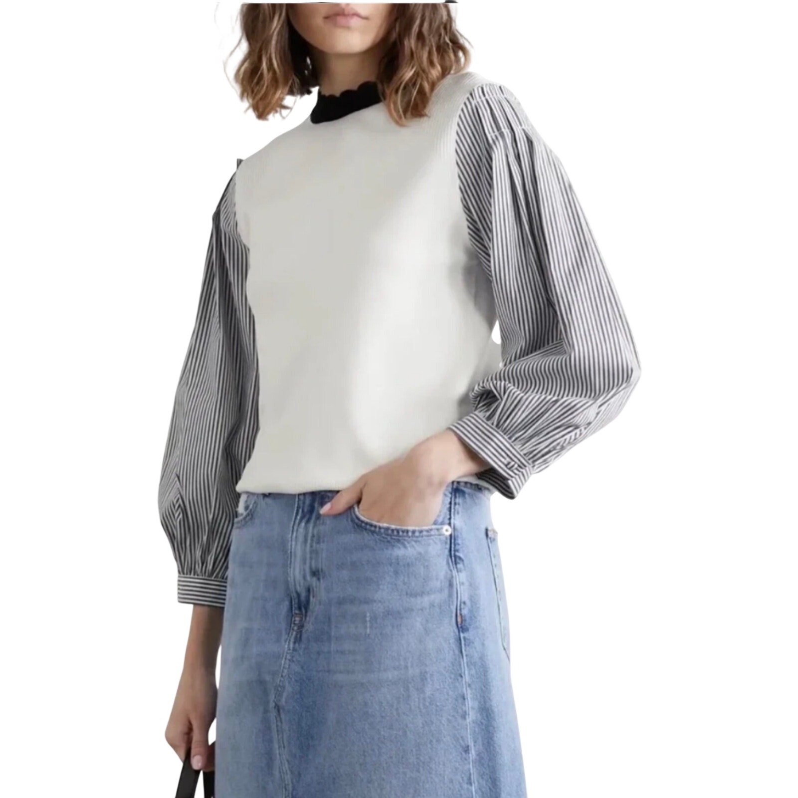 Veronica Beard Roy Mixed Media Puff Sleeve Knit Top White Black Striped Blouse S